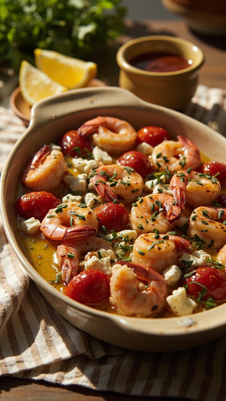 An oval ceramic dish filled with shrimp, roasted cherry tomatoes, and melted feta, garnished with chopped fresh oregano. A drizzle of olive oil over the top and hunks of lemon on the side, with a simple striped napkin beneath.