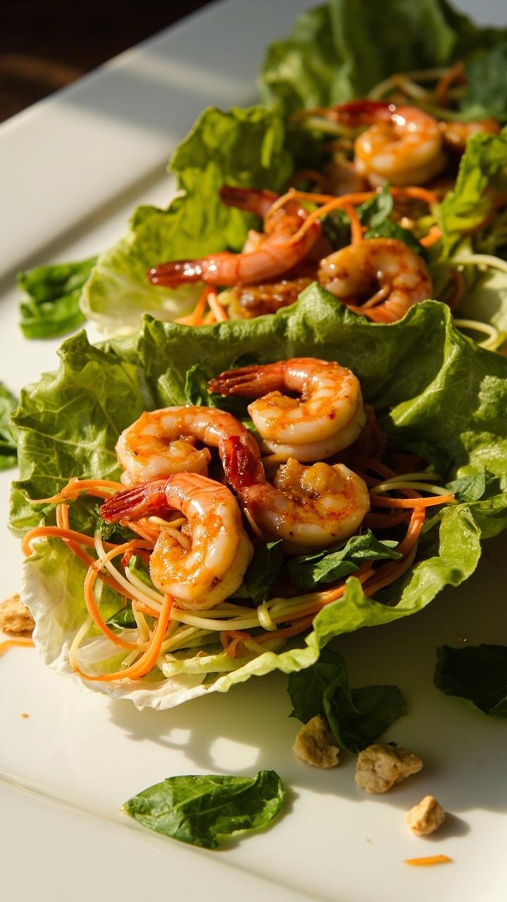 Butter lettuce leaves cupped around glossy shrimp tossed in a caramelized soy-chili sauce, with torn basil leaves, thin sticks of carrot, and a sprinkle of chopped peanuts. Everything is arranged on a large white platter.