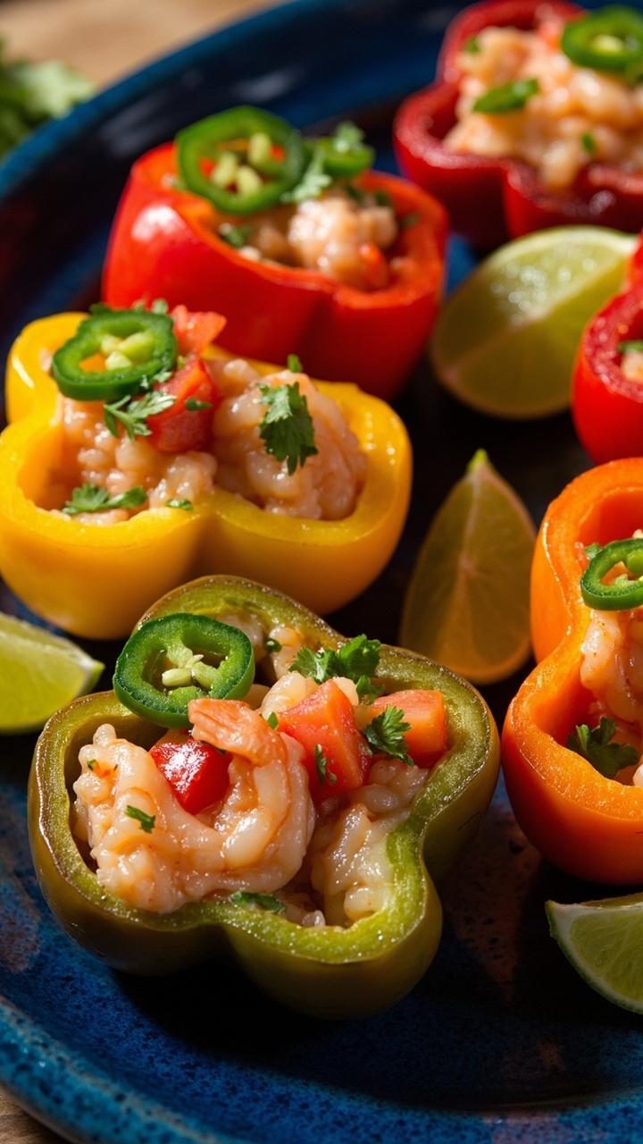 Halved and hollowed-out red, yellow, and orange bell peppers each filled with colorful shrimp ceviche, flecked with tomato, cilantro, and jalapeño. Served on a blue ceramic platter with lime wedges.