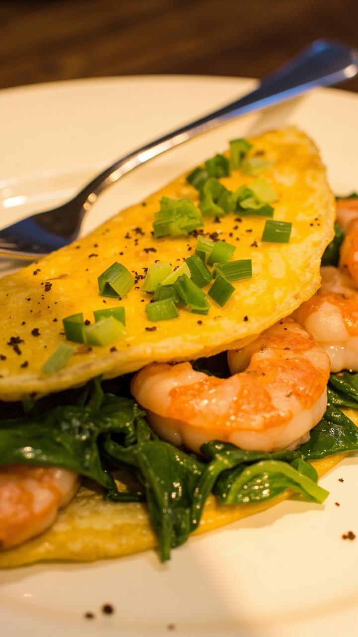 A golden folded omelette on a simple white plate, brimming with pink shrimp and glossy spinach, flecked with fresh chives. A silver fork rests beside, with a sprinkle of black pepper over the omelette.