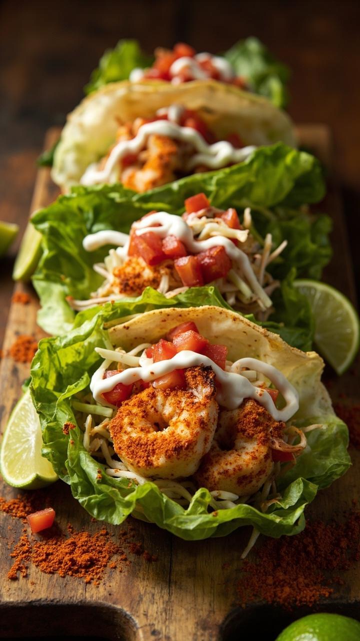 Large green cabbage leaves cradling plump, chili-dusted shrimp, topped with crisp shredded slaw, diced tomatoes, and a drizzle of lime crema. The tacos are arranged on a long wooden board with lime wedges.