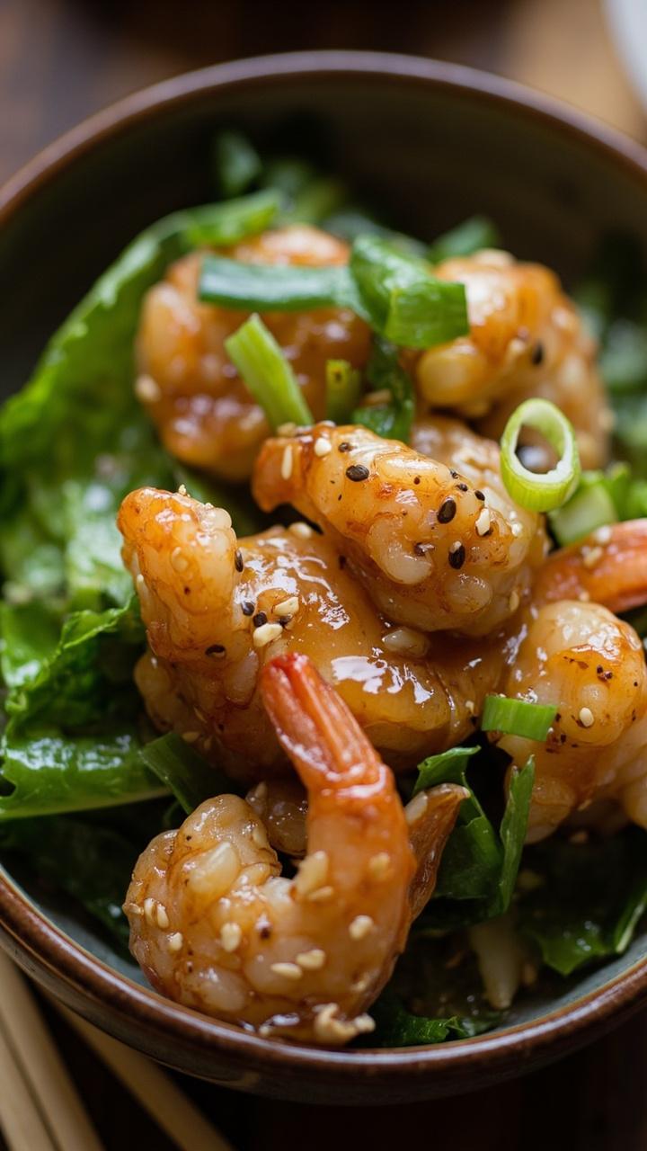 A wide, shallow bowl with wilted bright green bok choy layered under succulent shrimp glazed with a shiny miso-ginger sauce, topped with finely sliced green onion and sesame seeds. Chopsticks rest neatly on the side.
