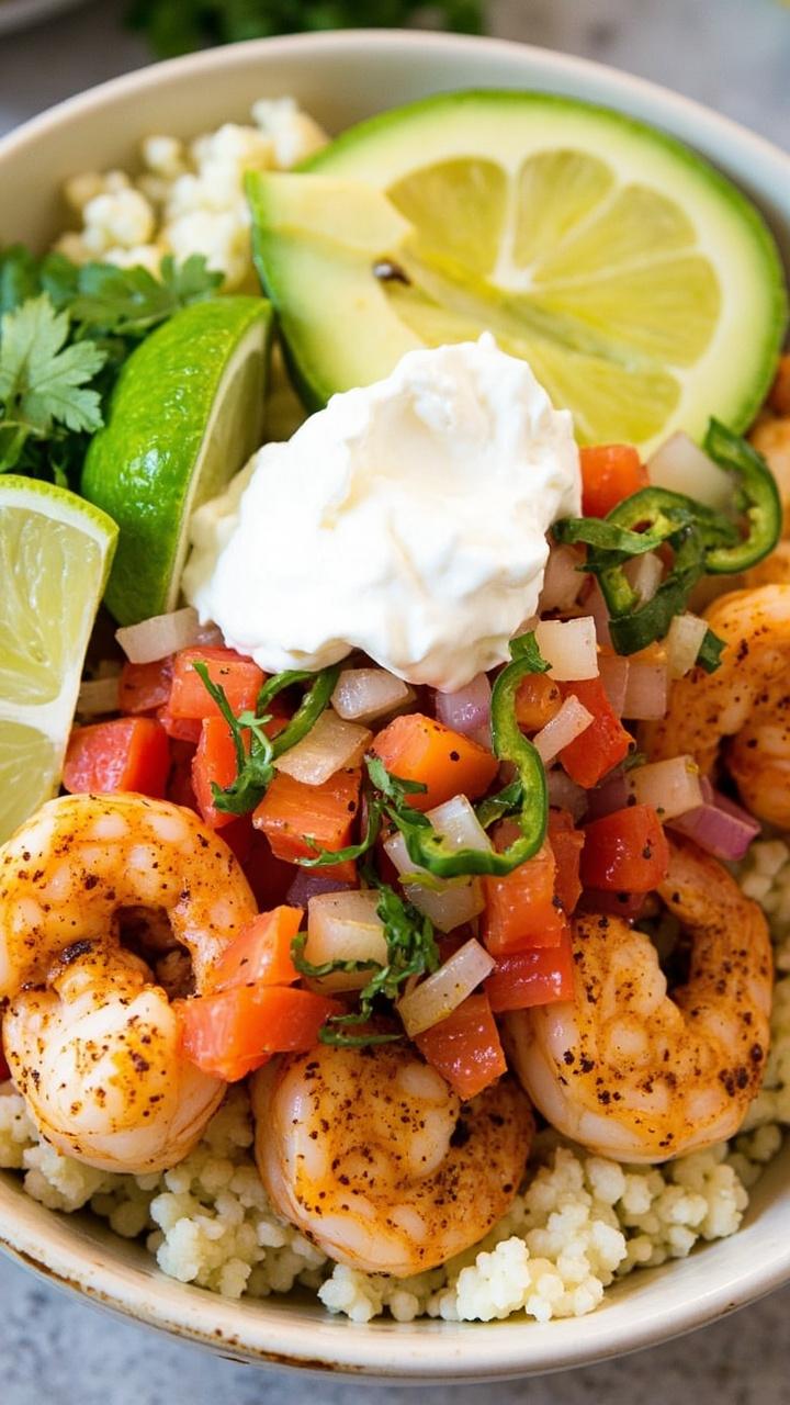 A deep bowl layered with fluffy cauliflower rice, shrimp sautéed with southwest spices, chopped fresh salsa, avocado slices, and a dollop of sour cream. Lime wedges and scattered cilantro on top.