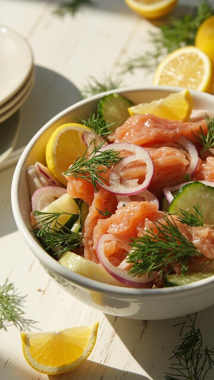 A white ceramic bowl filled with flaked pink salmon, sliced cucumbers, thin red onion, and soft green dill fronds. Lemon wedges surround the bowl. The salad is lightly dressed and garnished with extra dill, set on a pale wood table.