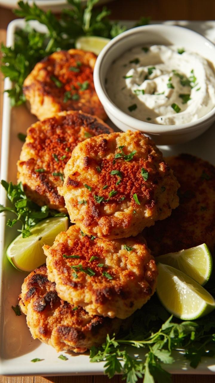 Six golden salmon and sweet potato cakes stacked on a small ceramic platter, dusted with paprika and parsley. Lime wedges on the side. A bowl of simple yogurt dip with herbs sits nearby.