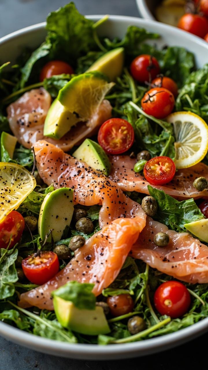 A wide shallow bowl layered with smoky pink salmon slices, thick avocado wedges, baby arugula, and halved cherry tomatoes. Sprinkles of capers and cracked pepper dot the top, with lemon rounds alongside.
