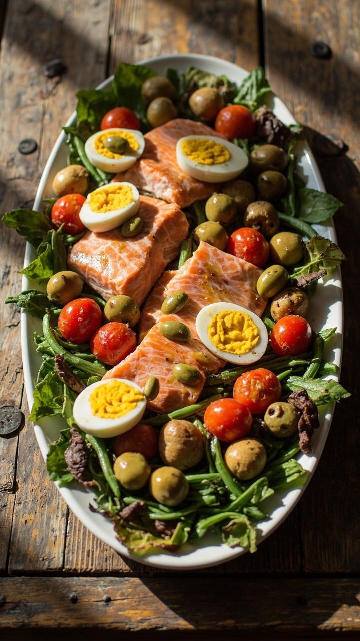 A large shallow platter arranged with salmon fillets, hard-boiled egg halves, green beans, baby potatoes, cherry tomatoes, and olives. Everything is drizzled with a Dijon vinaigrette. Bright colors stand out on a rustic wooden table.