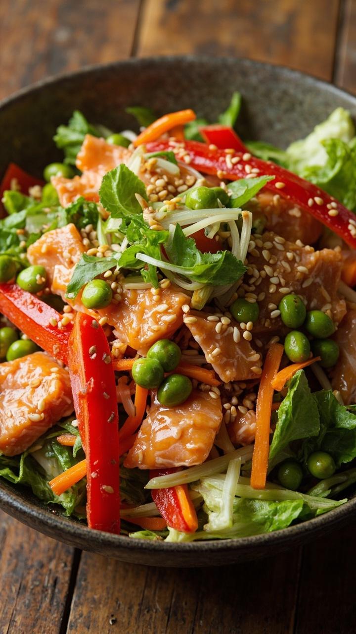 A large bowl packed with bright strips of red bell pepper and carrot, flaked salmon, chopped romaine, and edamame. Toasted sesame seeds and sliced scallions garnish the salad, with a glistening soy dressing.