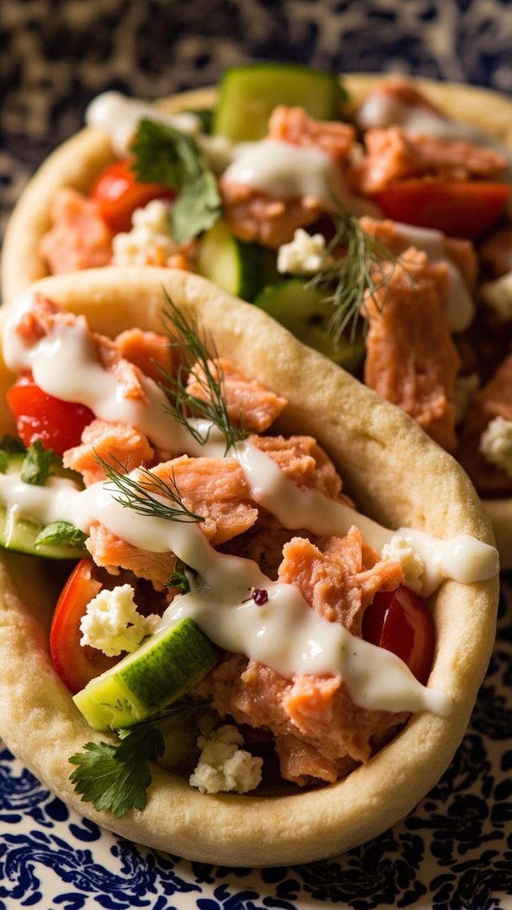 Thick pita pockets filled with pink flaked salmon, diced cucumber, halved grape tomatoes, feta crumbles, and torn parsley. A bit of yogurt dressing peeks out from the filling, all set on a blue patterned plate.
