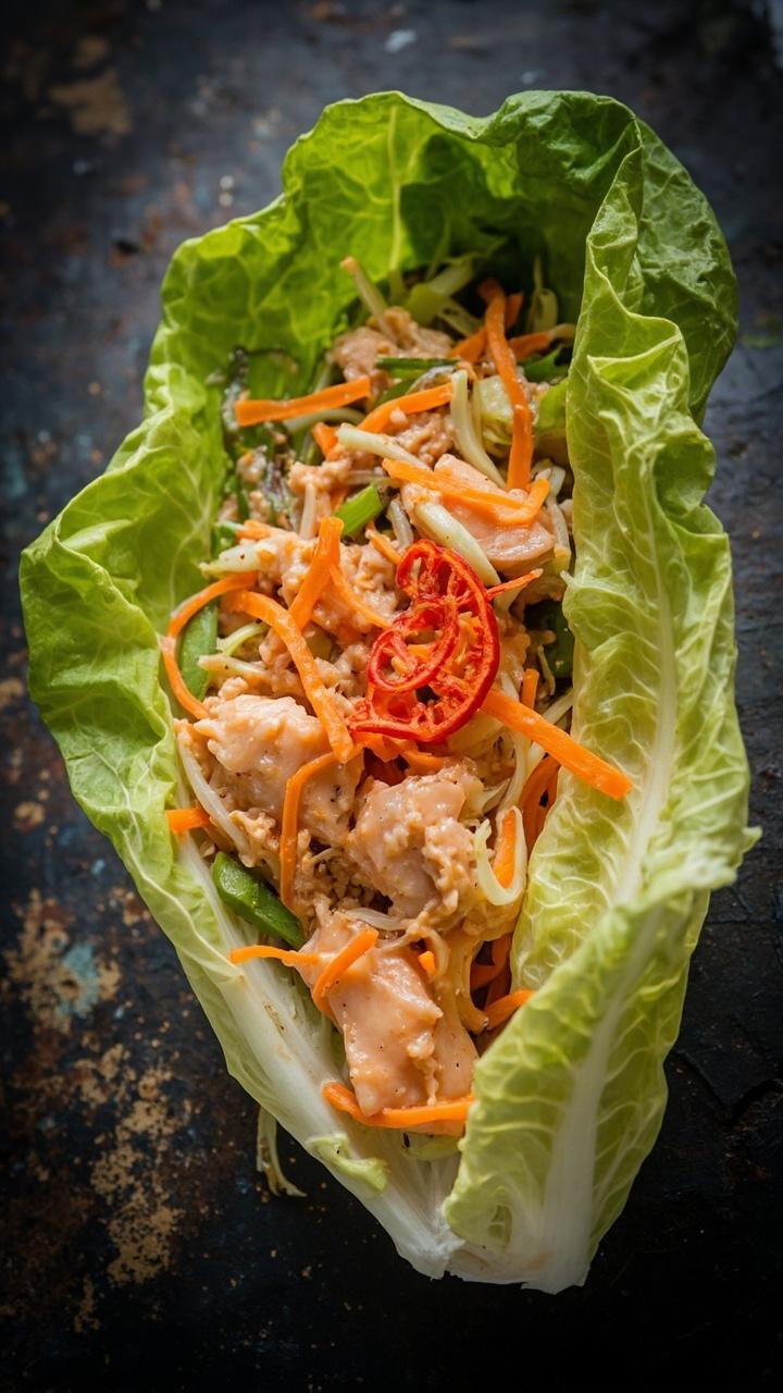 Large Romaine lettuce leaves filled with pink salmon mixed with orange carrot shreds and pale green scallion rounds, all swirled with a slightly orange-tinted sauce. A few chili slices are visible on top, set on a slate board.
