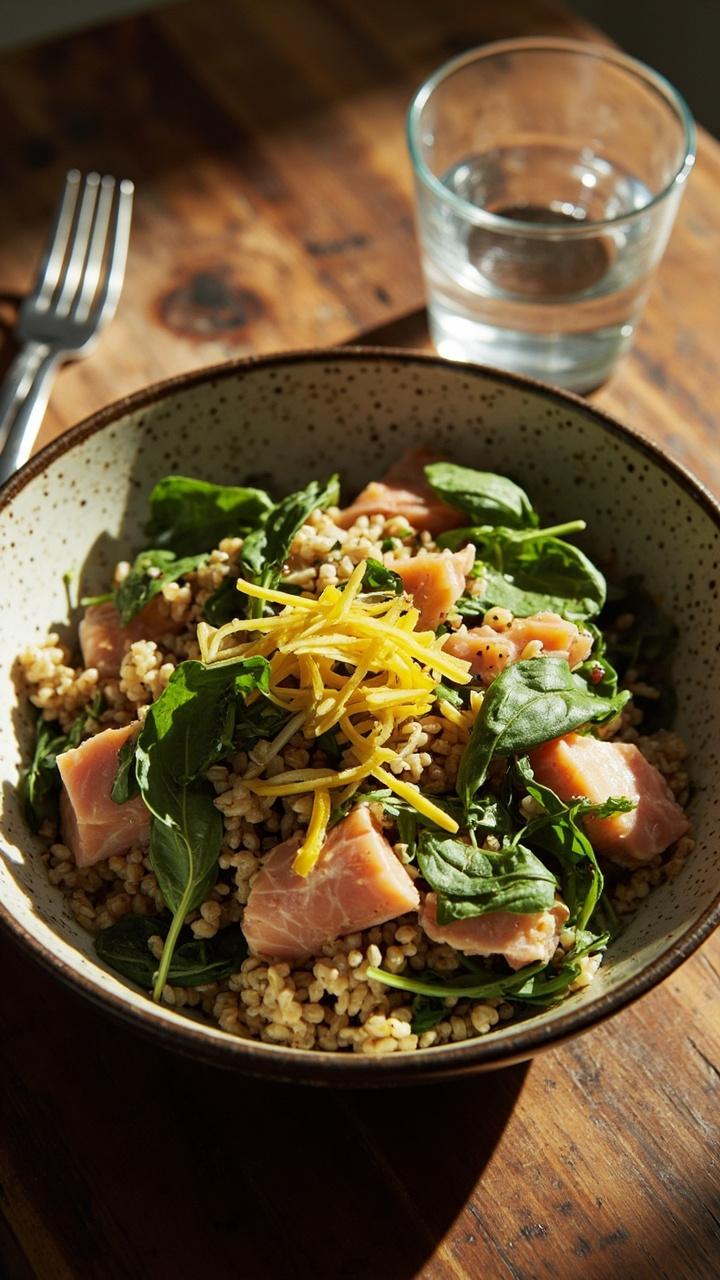 A speckled ceramic bowl filled with golden brown farro, pale salmon chunks, spinach leaves, flecks of green parsley and basil, and lemon zest curls sprinkled on top. Silverware and a water glass sit beside the bowl.