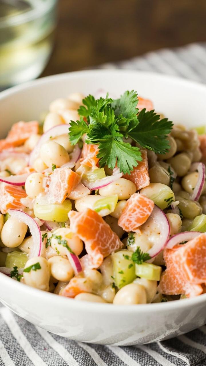 A shallow white serving bowl filled with creamy white beans, pink flaked salmon, chopped celery, rings of red onion, and a few parsley leaves. The salad glistens from a light vinaigrette, set on a striped linen napkin.