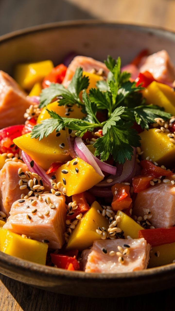 A round shallow bowl with flaked salmon chunks, bright yellow mango cubes, chopped red bell pepper, slivers of red onion, and a few cilantro leaves. Everything is lightly tossed and sprinkled with sesame seeds.
