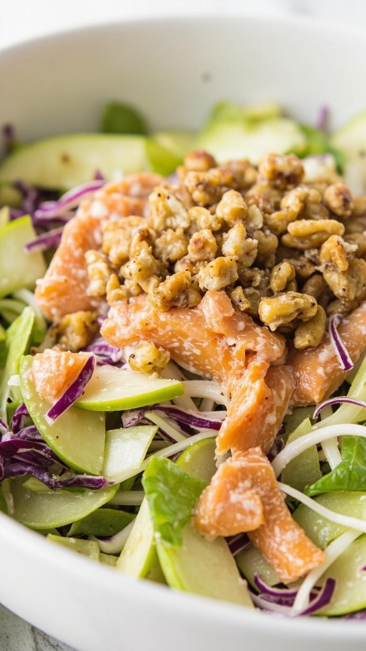 A shallow white bowl filled with thin green apple matchsticks, pale purple cabbage shreds, flaked salmon, chopped celery, and a scattering of chopped walnuts for crunch. Everything is tossed lightly in a creamy dressing.