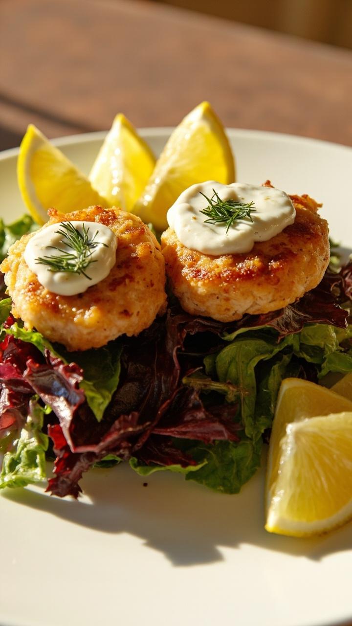 A plate with a small mixed greens salad and two golden brown salmon cakes nestled on top. A dollop of creamy dill sauce rests on each cake with a few lemon wedges on the side.