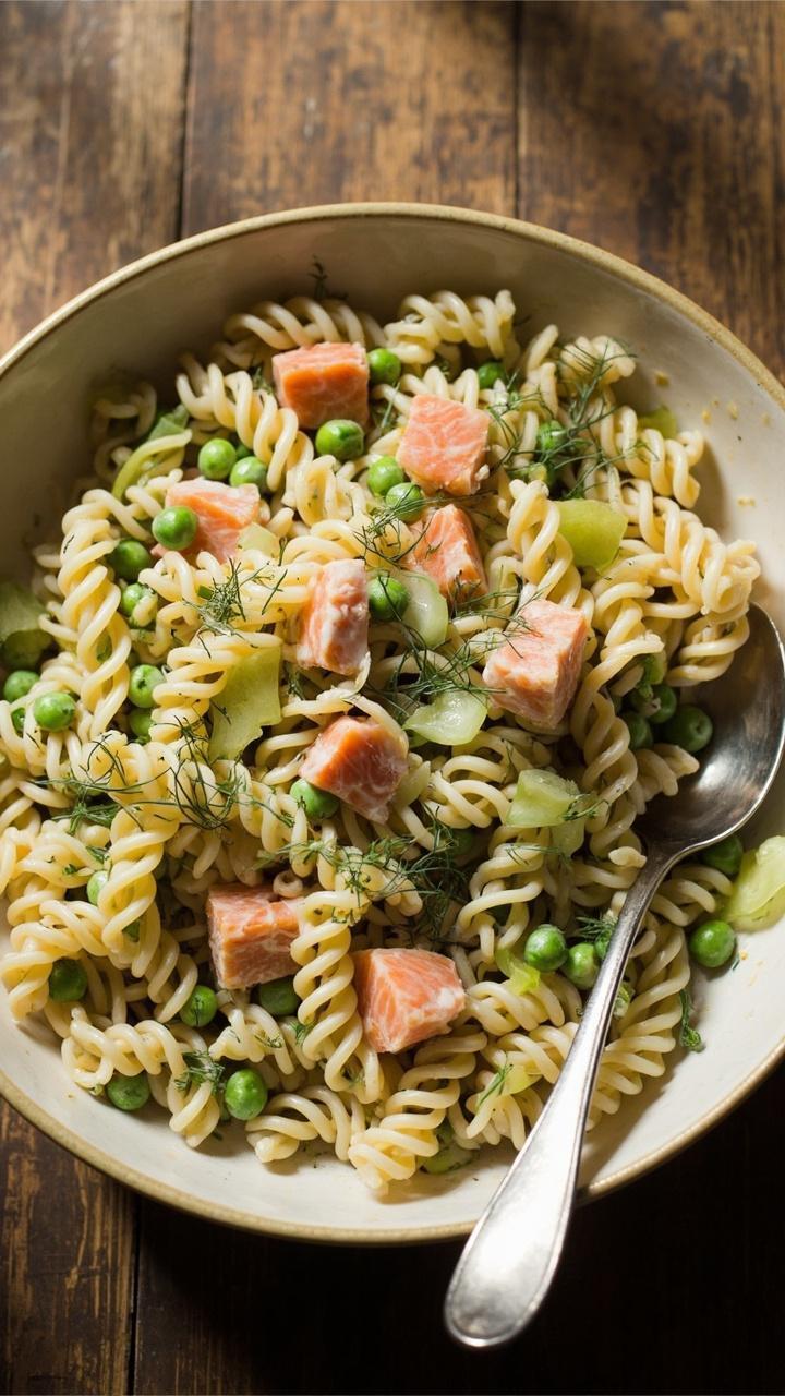 A wide bowl of spiral pasta tossed with peas, flaked salmon, thinly sliced celery, flecks of dill, all coated in a light creamy dressing. A serving spoon rests next to the bowl.