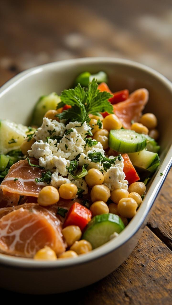 A ceramic bowl filled with chickpeas, flaked salmon, diced red pepper, cucumber, bits of crumbled feta, parsley, and chopped mint. Everything is tossed in an herby lemony dressing.