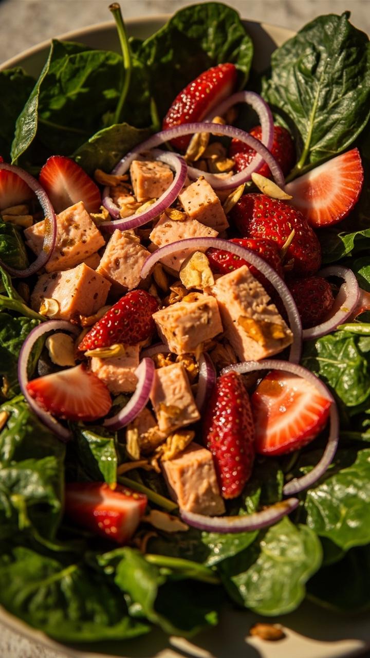 A large shallow bowl of glossy baby spinach leaves, scattered with juicy halved strawberries, pink salmon chunks, thin slices of red onion, and crunchy almond slivers. Everything is lightly glossed with a balsamic vinaigrette.