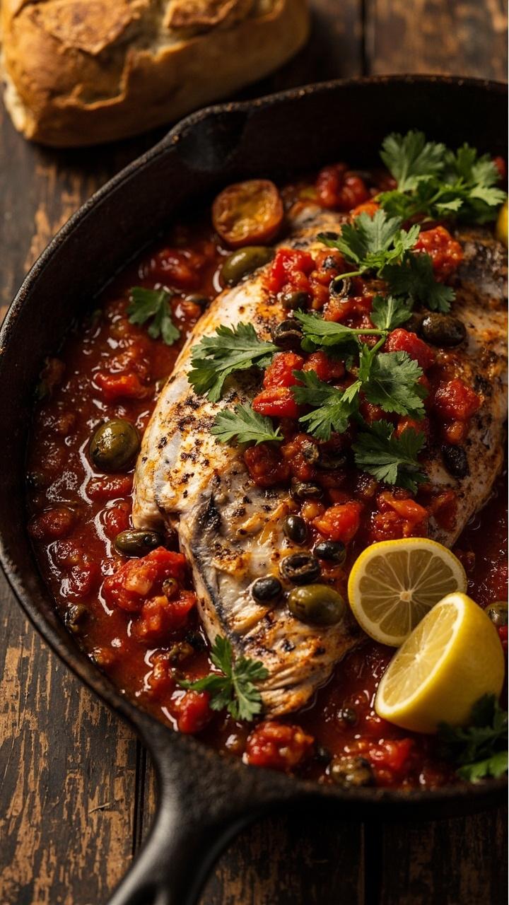 A whole red snapper fillet nestled in a cast iron skillet, topped with stewed tomatoes, sliced green olives, capers, and fresh cilantro. Lemon wedges rest along the rim; the fish is surrounded by a spicy, chunky tomato sauce. Served on a rustic wooden table with crusty bread.