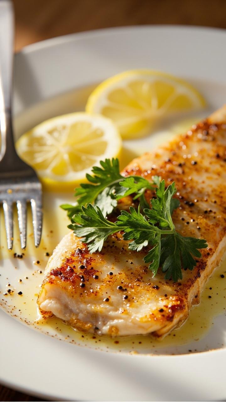 A golden-brown snapper fillet, nestled on a white dinner plate, drizzled with glossy lemon butter and topped with fresh parsley. The fish’s edges look crisp, and a few thin lemon slices sit to the side. There’s a sprinkle of black pepper and a fork resting nearby.