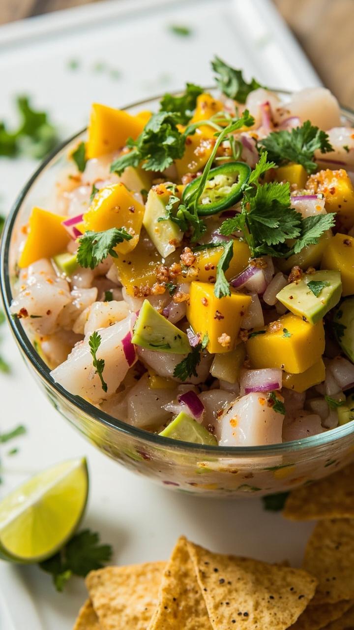A glass bowl filled with bite-size pieces of snapper, cubes of bright yellow mango, diced red onion, and cilantro leaves. The ceviche is surrounded by lime wedges and tortilla chips on a white serving board, with some diced avocado and jalapeño sprinkled on top.