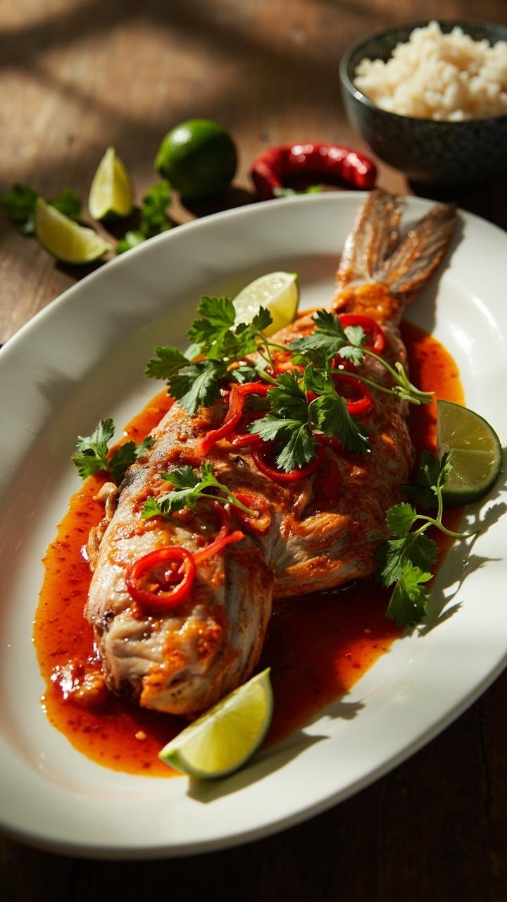 A steamed whole snapper fillet on a white oval platter, drizzled with a glossy chili-lime sauce, topped with fresh cilantro and thin slices of red chili. There are lime wedges scattered on the side and steamed jasmine rice in a small bowl nearby.
