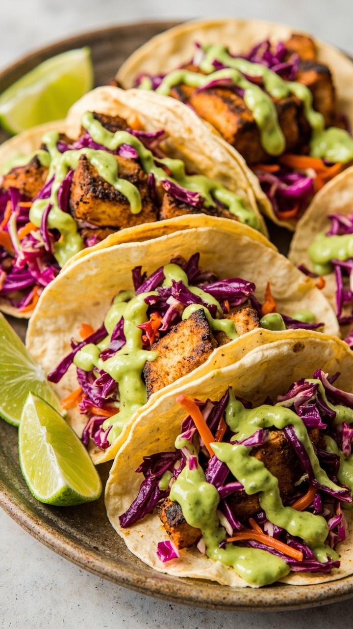 Soft corn tortillas filled with chunks of grilled snapper, piled high with red and green cabbage slaw. There’s a creamy avocado sauce drizzled on top, lime wedges on the side, and everything’s arranged on a big serving tray.