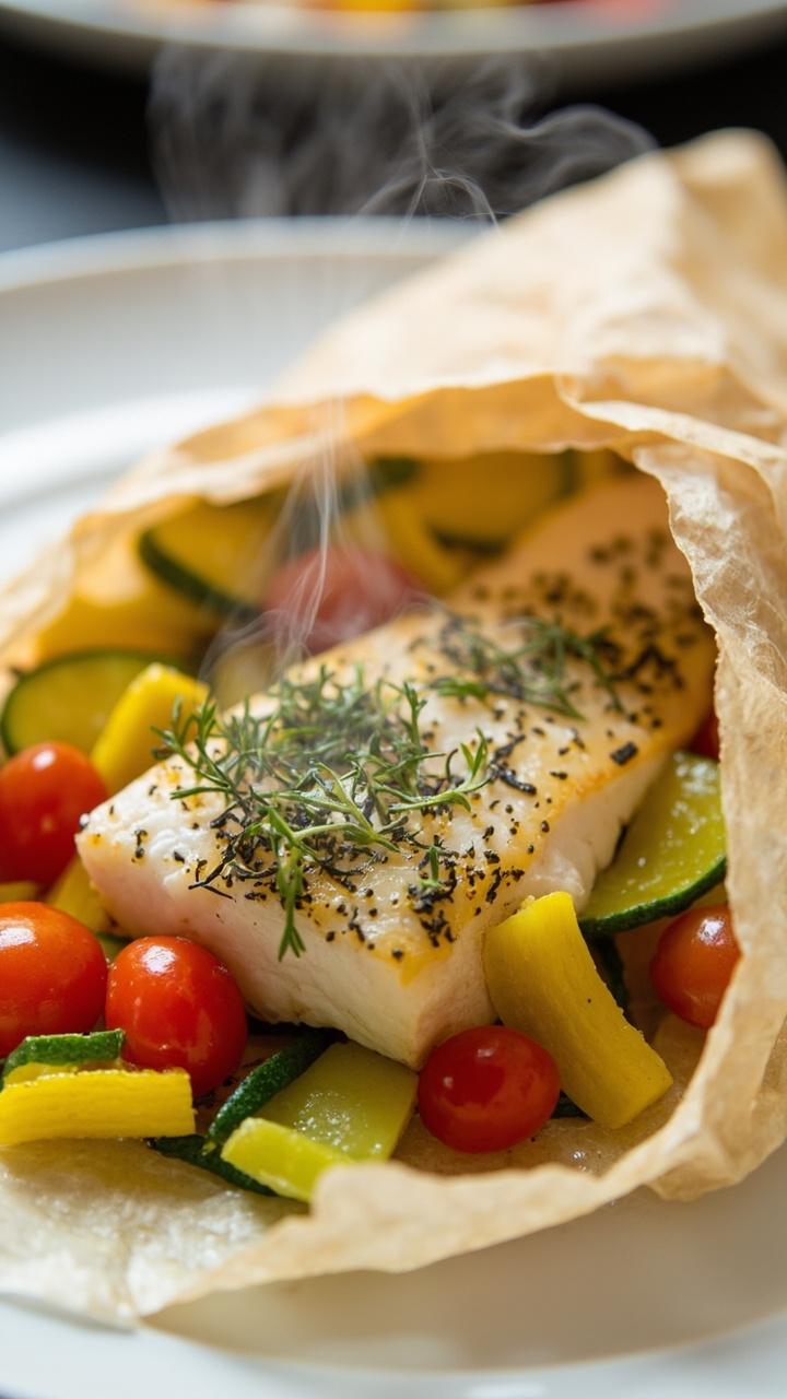 A parchment packet opened to reveal steamed snapper fillet nestled with ribbons of zucchini, cherry tomatoes, and crunchy yellow squash. Steam rises, the fish glistens with a buttery herb finish, and the packet sits on a white plate.