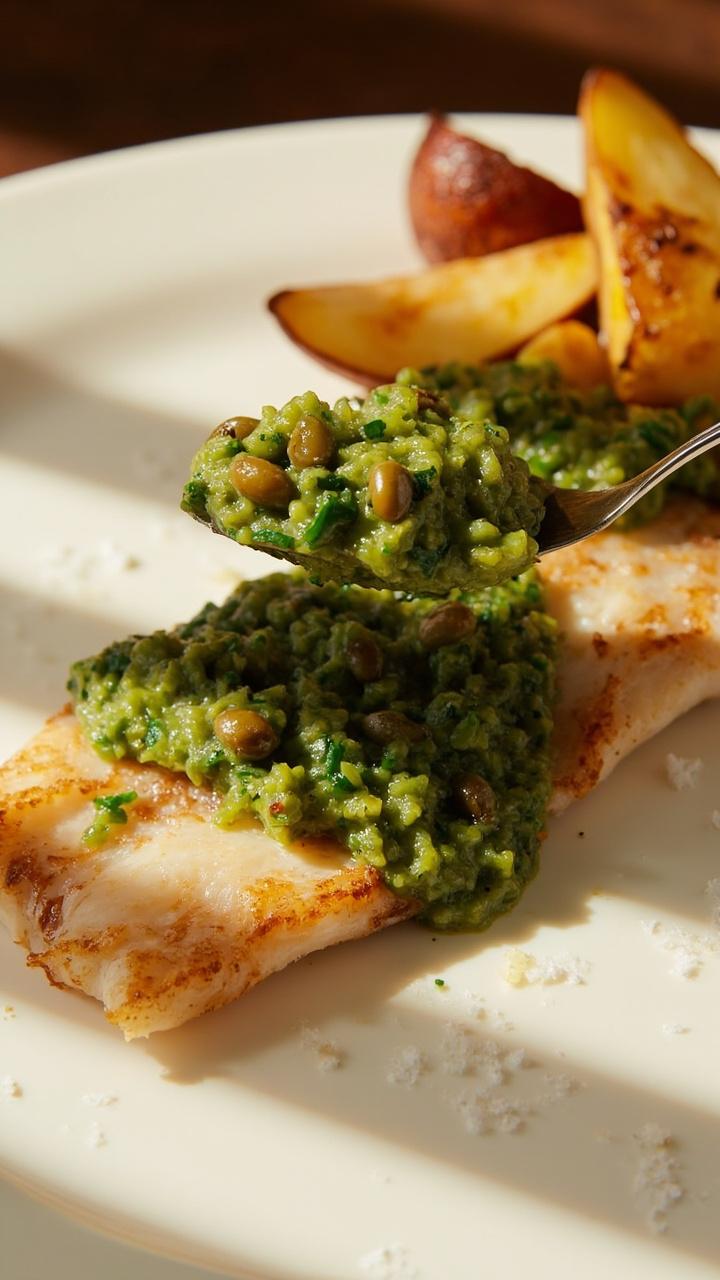 A flaky, oven-roasted snapper fillet on a ceramic plate, topped with a spoonful of chunky green salsa verde. The sauce is speckled with parsley and capers, sides of roasted potato wedges and an extra sprinkle of sea salt.