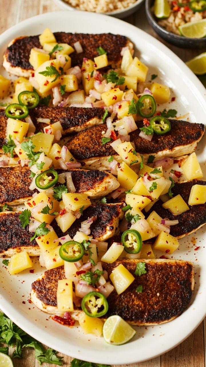 A platter with blackened, spice-rubbed snapper fillets, topped with a chunky pineapple salsa. There are bright chili flakes and cilantro on top, with lime wedges scattered along the rim and a bowl of jasmine rice nearby.