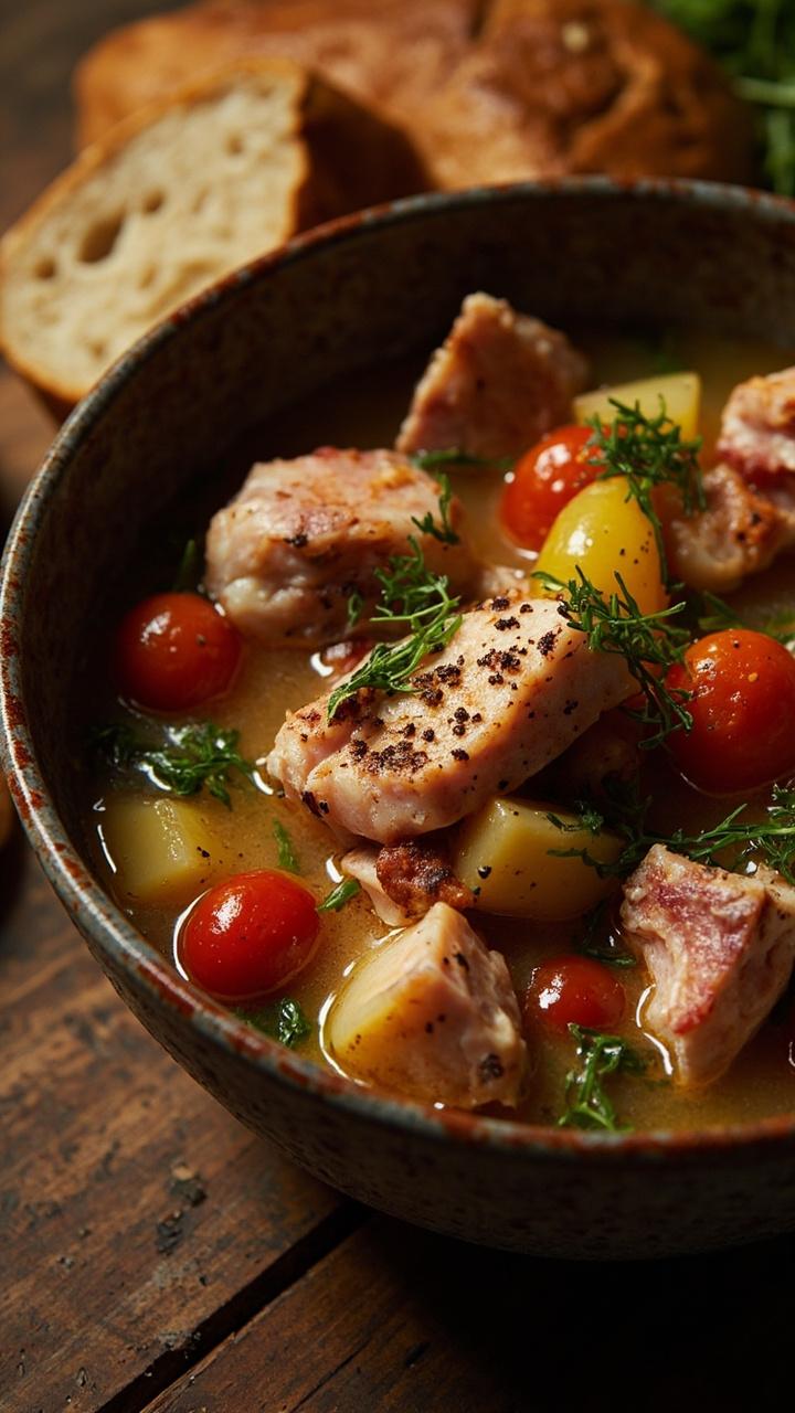 A rustic ceramic bowl filled with chunks of snapper, potato, and tomatoes, swimming in a light, herb-flecked broth. There’s a sprinkle of parsley and fresh black pepper on top, with slices of rustic bread nearby.