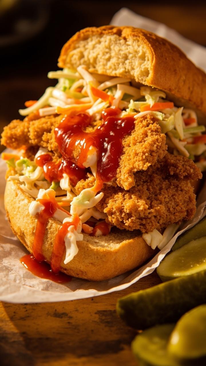A toasted hoagie roll split open and stuffed with golden cornmeal-coated snapper fillet, creamy coleslaw spilling out, and a drizzle of hot sauce. There are pickles on the side and a napkin tucked under the sandwich.