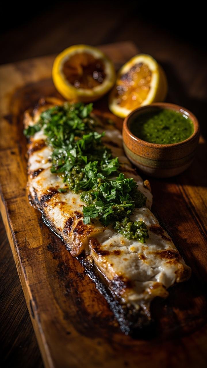 A grilled snapper fillet sitting on a board, drizzled with emerald-green chimichurri sauce, garnished with chopped parsley. There are grilled lemon halves and a small bowl of extra sauce on the side.
