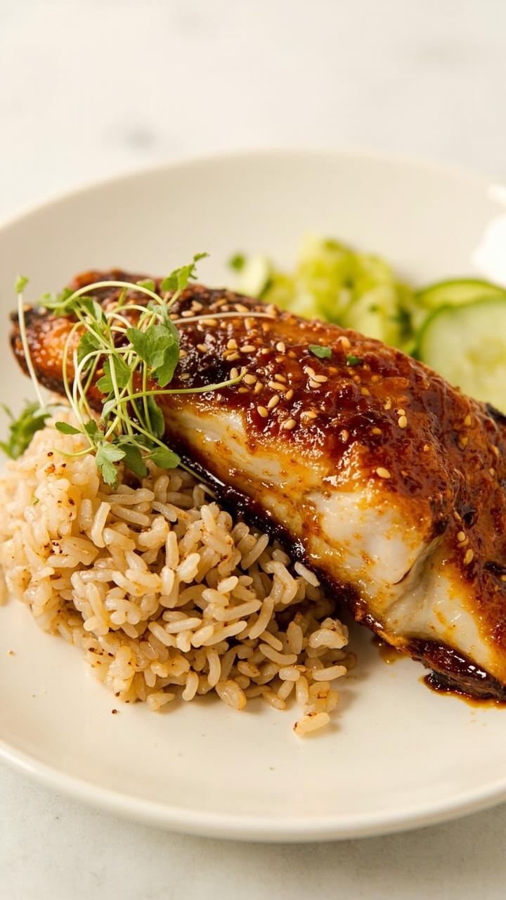 A snapper fillet lacquered in a caramelized golden-brown glaze, resting on a shallow plate with a sprinkle of sesame seeds and thinly sliced scallions. A small mound of steamed jasmine rice and pickled cucumber slices sit beside it.