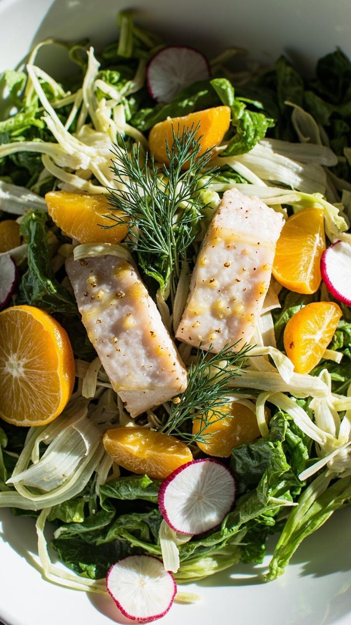 A wide white bowl piled with mixed greens, flaky snapper pieces, thinly shaved fennel, orange segments, and a scattering of pink radish slices. Everything is lightly dressed and topped with sprigs of dill.