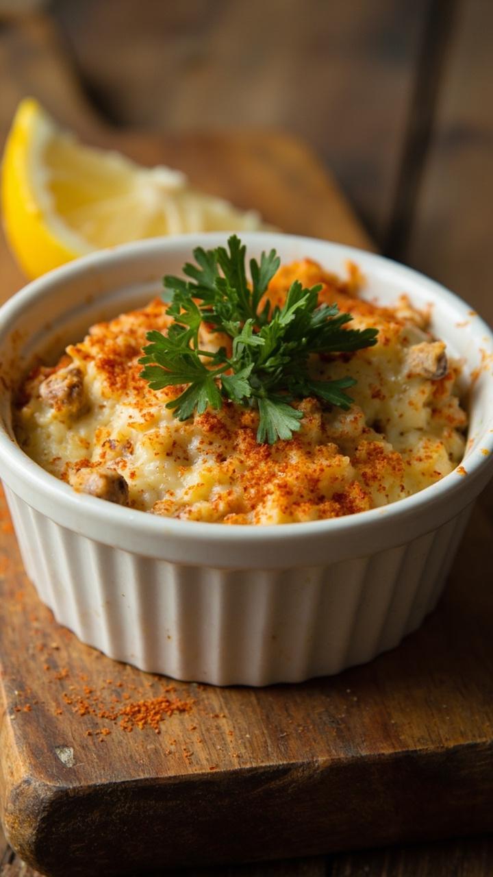 A shallow white ramekin filled with creamy crab topped with a golden browned crust, garnished with fresh parsley and a dusting of paprika, set on a rustic wooden board with a lemon wedge nearby.