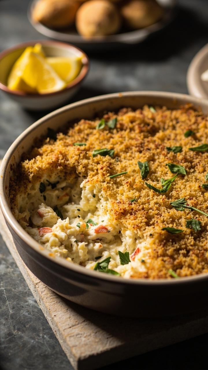 A round ceramic baking dish with a thick golden-brown panko topping atop creamy crab, parsley scattered over, set on a slate-grey kitchen counter with a small bowl of lemon wedges beside.