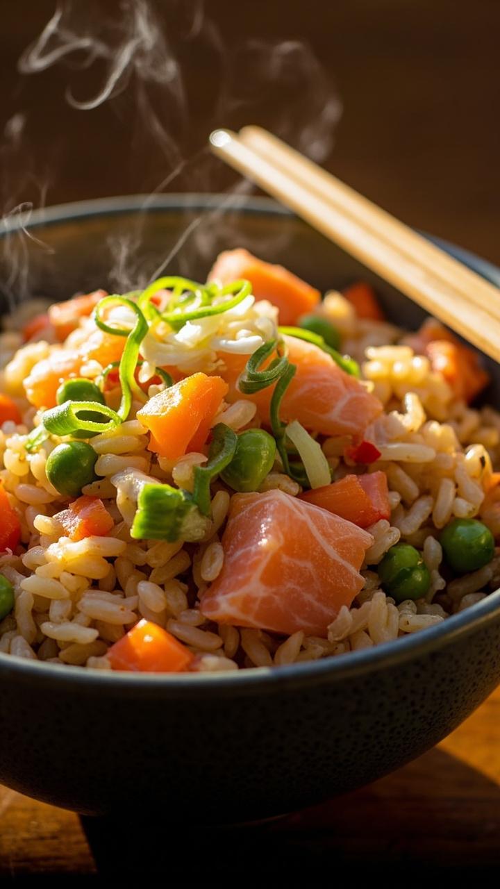 A steaming ceramic bowl of fried rice flecked with pink salmon, peas, chopped scallions, carrot bits, and specks of grated ginger. A pair of chopsticks rests on the bowl.