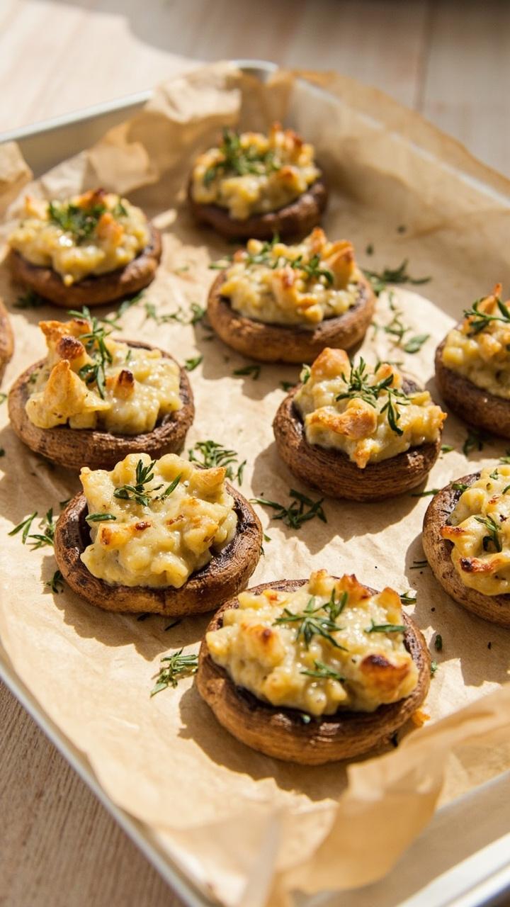 A parchment-lined baking sheet with plump cremini mushroom caps, each packed with creamy crab imperial filling, browned on top and sprinkled with fresh thyme leaves, set on a light wooden table.