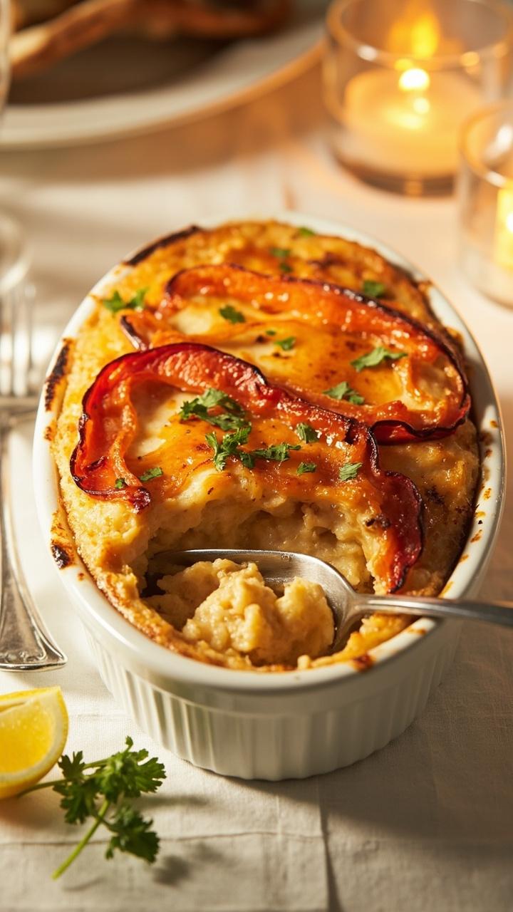 A shallow, oval white gratin dish holding golden-topped crab imperial studded with red strips of roasted pepper, garnished with parsley, with a fork and lemon slices on the side.