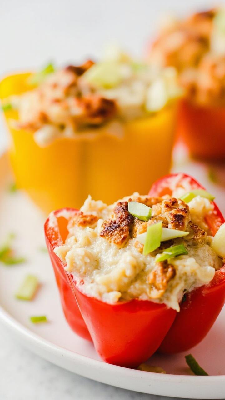 Halved red and yellow bell peppers filled with creamy baked crab mixture, tops lightly browned, set on a white plate with slivers of green onion as garnish.