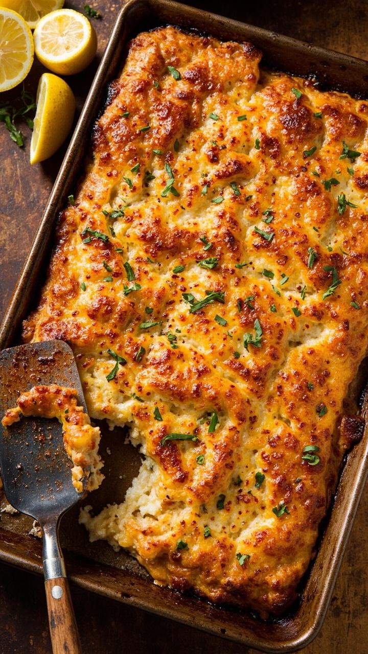 A rimmed sheet pan crowded with a bubbling, golden-brown layer of crab imperial, flecks of paprika and green herbs on top, with a large spatula and lemon wedges on the side.