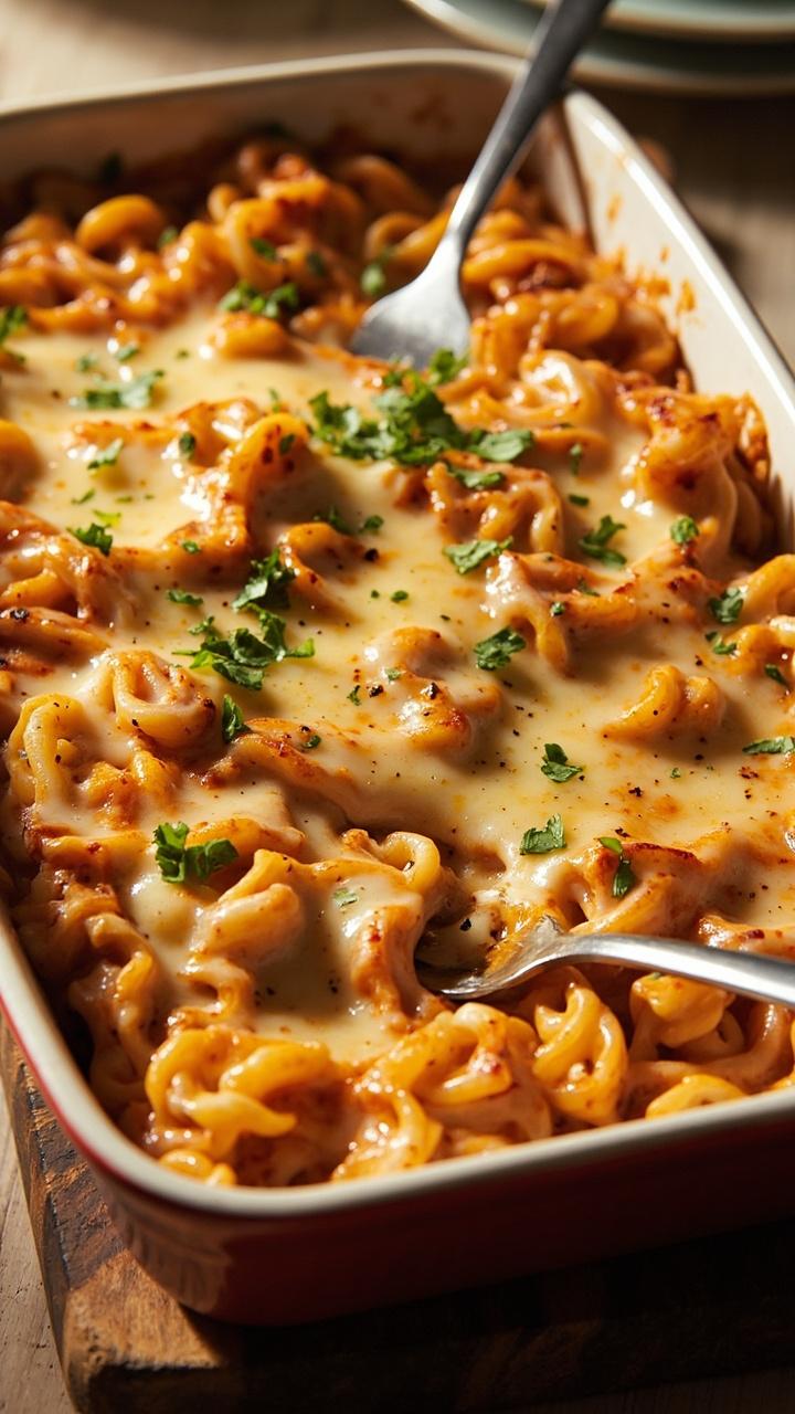 A rectangular baking dish with fusilli pasta tossed in creamy crab sauce, topped with bubbly golden cheese and parsley, set on a wooden trivet with two forks ready.