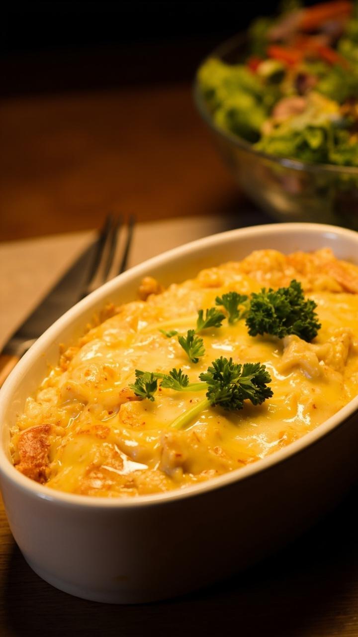An oval white baking dish with creamy, golden-topped crab imperial, bright green parsley on top, and no breadcrumbs or visible grains, set next to a salad bowl.