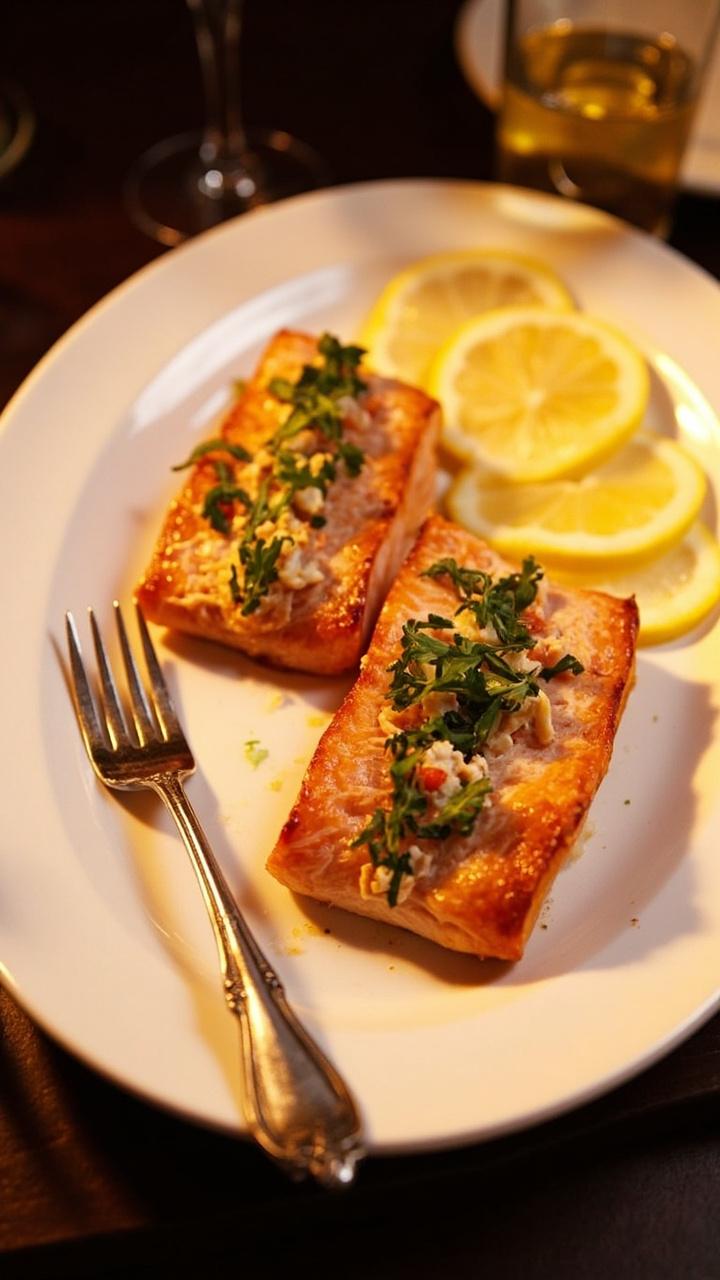 Two large salmon fillets split open and stuffed with creamy crab, golden-baked and garnished with parsley, set on a white oval platter with lemon slices and a vintage serving fork.