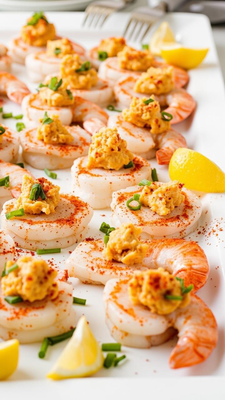 A large white platter arranged with butterfly-cut shrimp, each stuffed with a mound of golden-topped crab imperial, dusted with paprika and chopped chives, lemon wedges on the side.