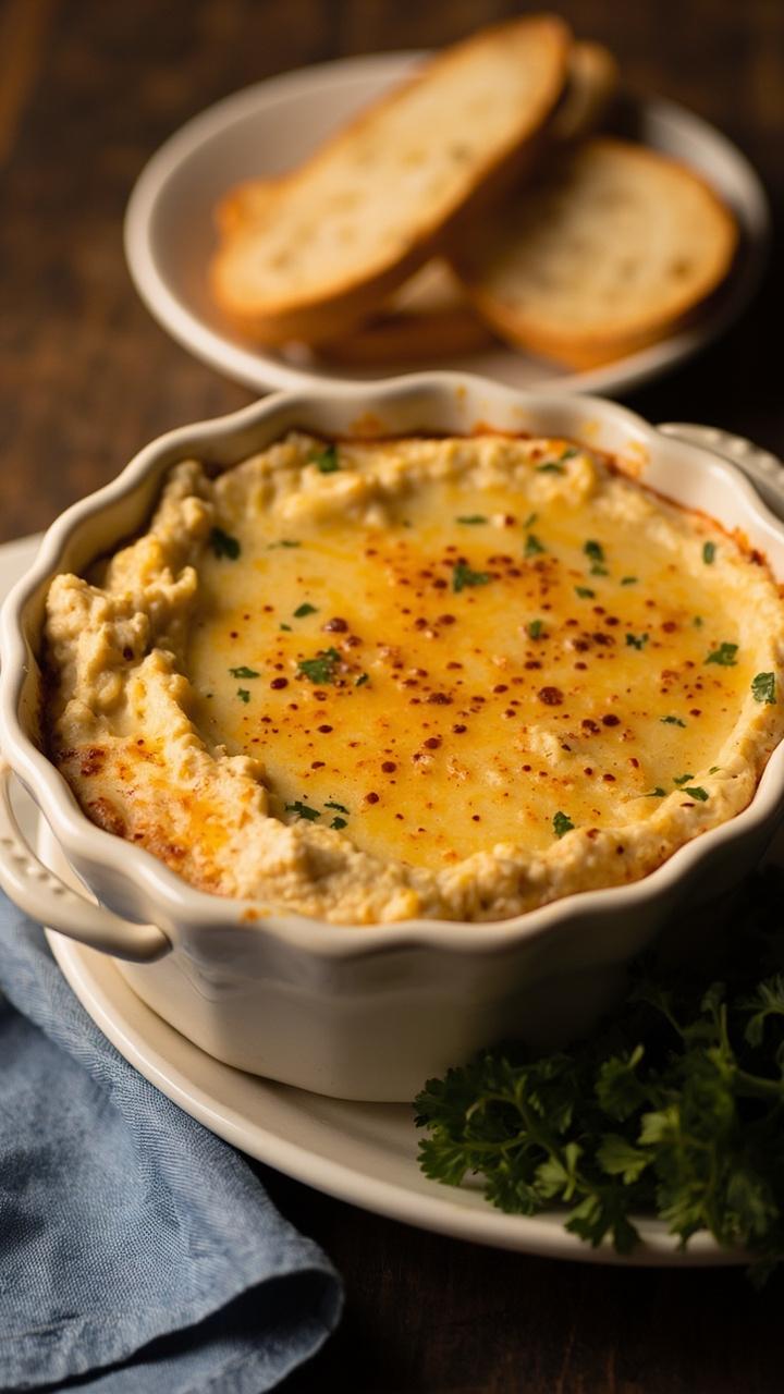 A round ceramic dish filled with bubbling, golden crab dip, a few pieces of toasted baguette on the side, set atop a blue linen napkin, with a small sprinkle of parsley.