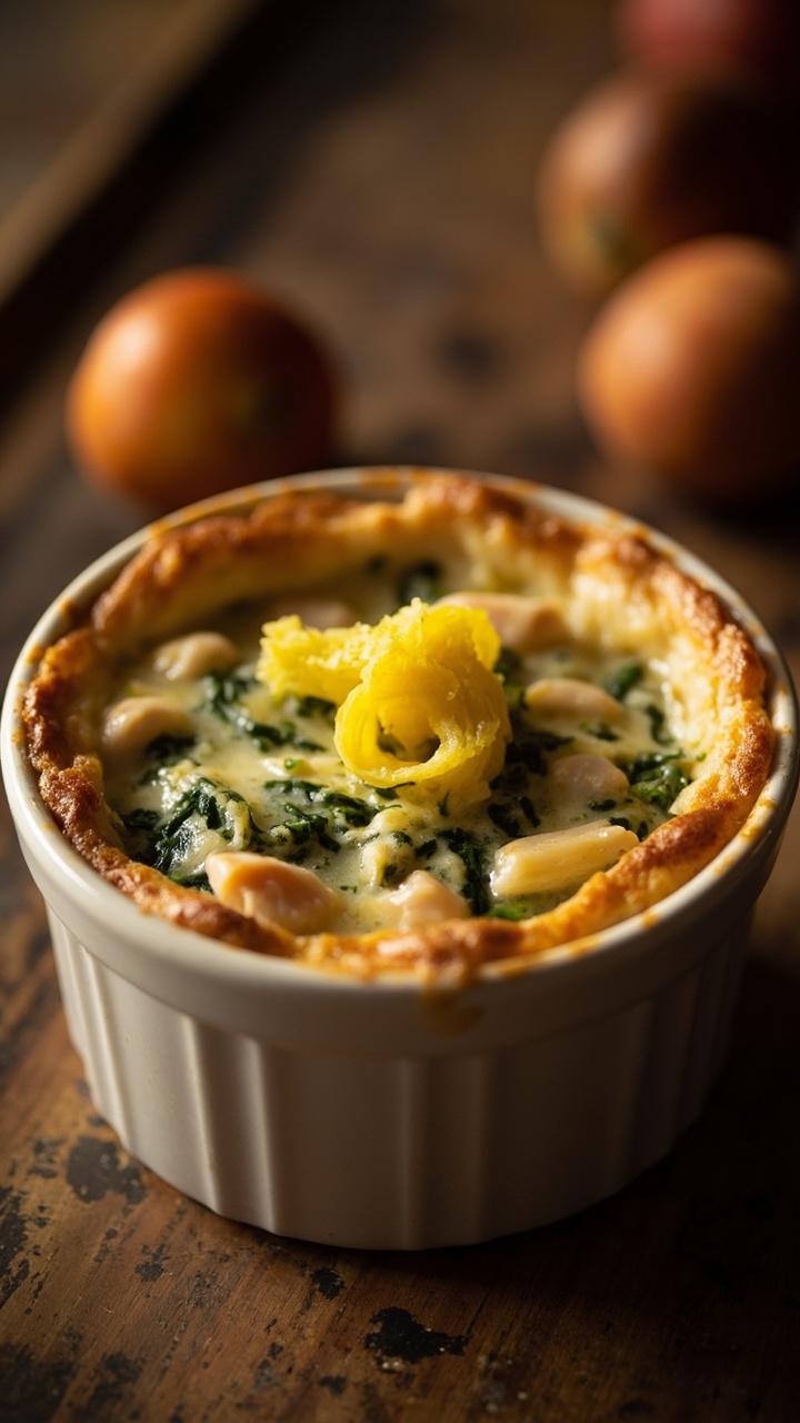 A small, white, round casserole browned on top, bubbling with creamy filling flecked with spinach, artichoke, and chunks of crab, garnished with a lemon twist.