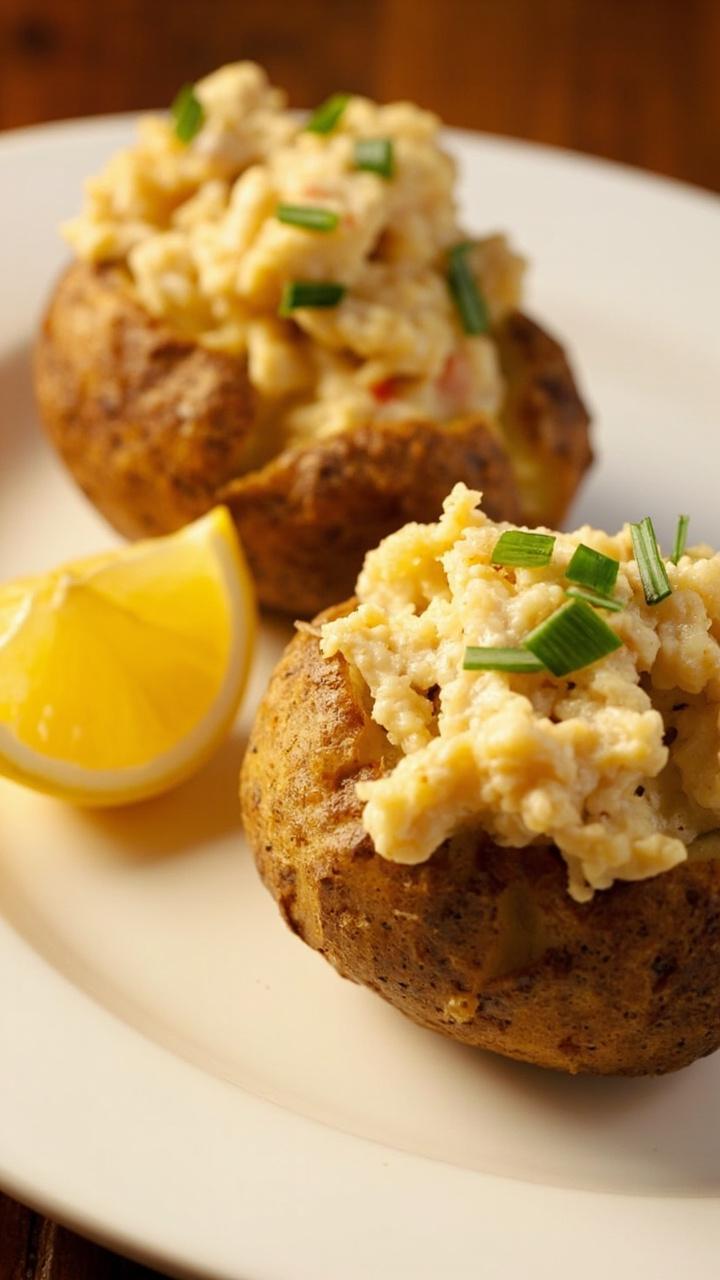 Two large russet potatoes halved, scooped and restuffed with golden-topped creamy crab, placed on a white plate, scattered with chives and served with a lemon wedge.