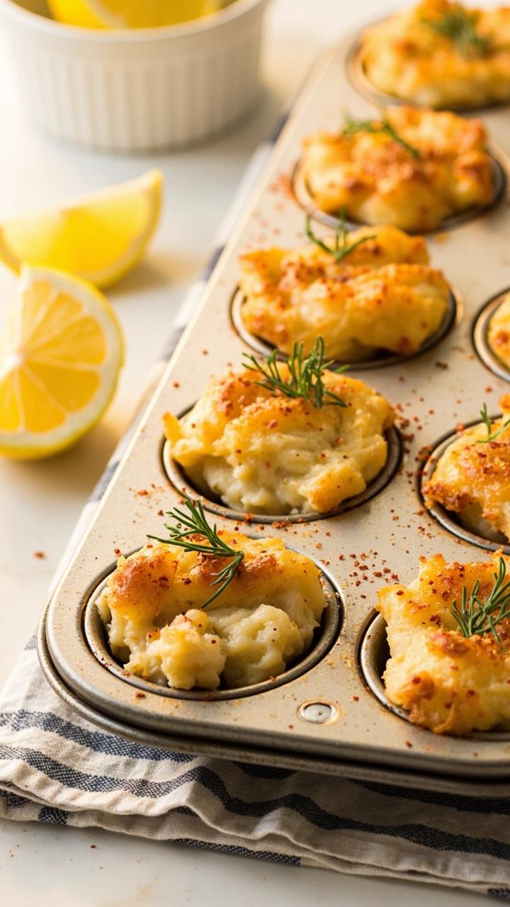 A muffin tin filled with golden-topped mini crab imperial, flecks of paprika and fresh dill visible, placed on a striped kitchen towel with a small ramekin of lemon wedges.